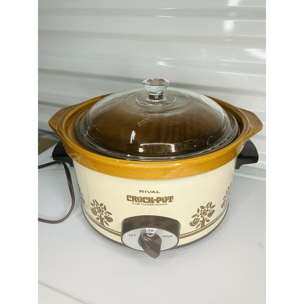 Vtg Rival Crock-Pot Slow Cooker 4 Quart Brown Cream Floral Bird Retro Kitchen